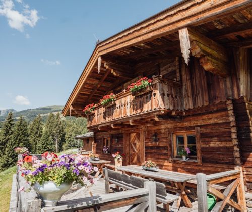 Martenalm mit Terrasse und Bergwiesen im Sommer