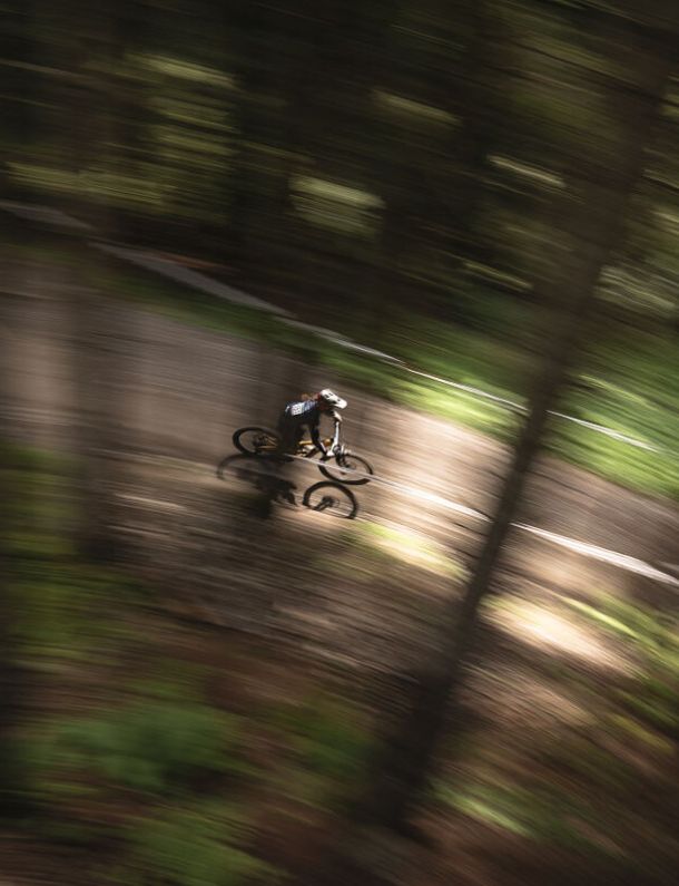 Mountainbiker auf einem Waldtrail